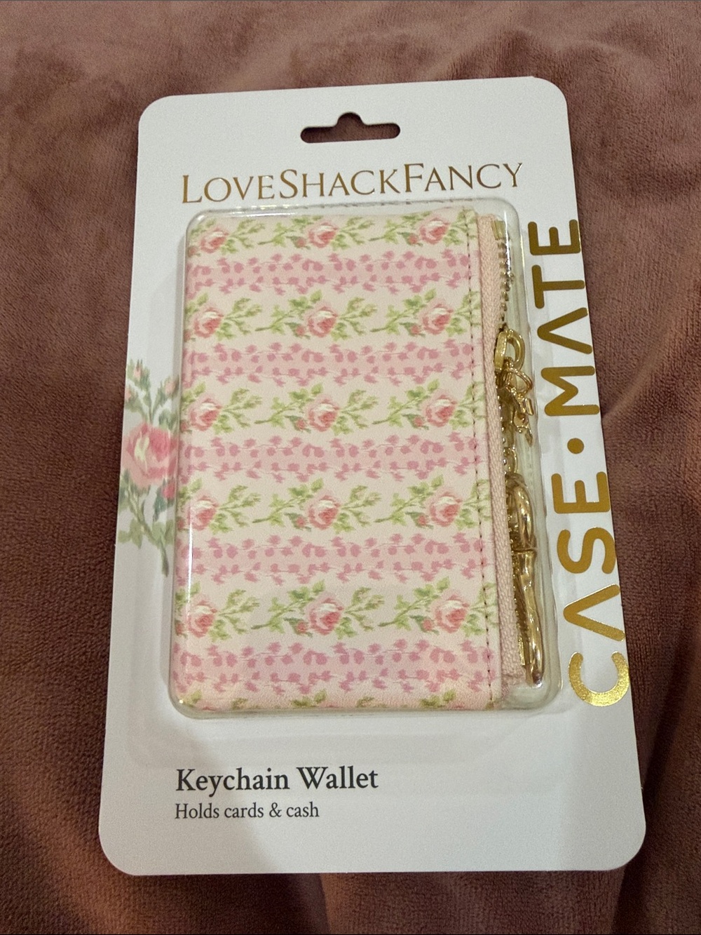 LoveShackFancy Pink Floral Keychain Card Holder with Gold Hardware